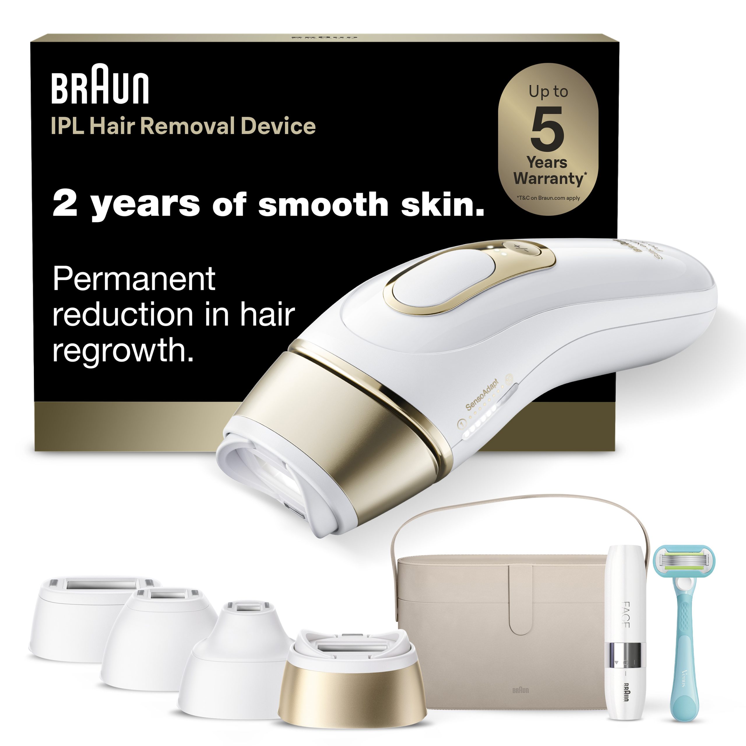 Braun Smart IPL, Silk Expert Pro 5: At Home Alternative to Laser Hair Removal with 4 Caps, Facial Hair Trimmer, and Vanity Case, IPL5442