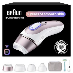 Braun Smart IPL, Skin i Expert Pro 7: At Home Alternative to Laser Hair Removal with 3 Caps, Facial Hair Trimmer, and Leather Pouch, IPL7219